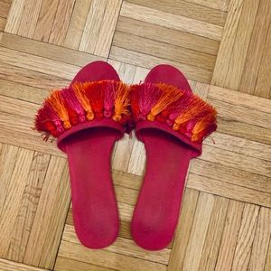 Pink orange fur flip flops